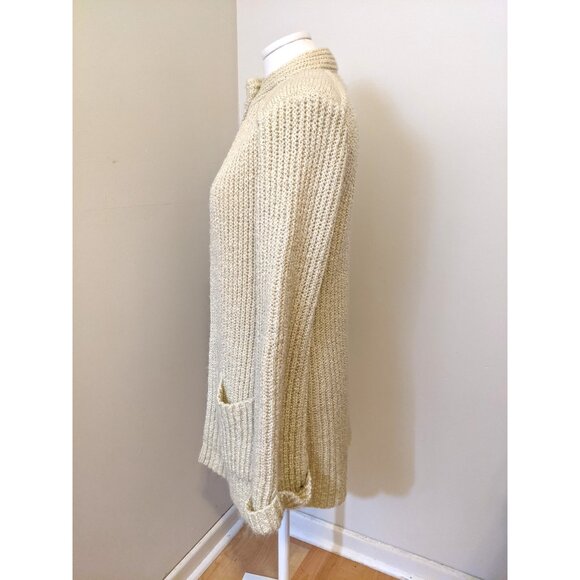 Vintage Heavy Knit Cardigan Retro Layering Chunky Button Belt Beige Grandpa Sz M - Picture 7 of 10